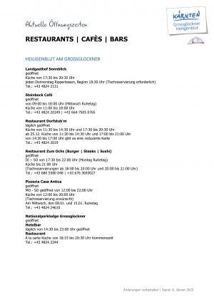 Aktuelle Öffnungszeiten der Restaurants, Hütten, Ausflugsziele und Geschäfte in unserer Region